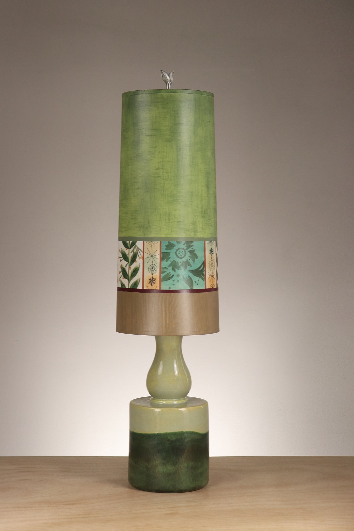 Janna Ugone & Co Leaf Green Ceramic Table Lamp with Large Tube Shade in Spring Medley in Apple