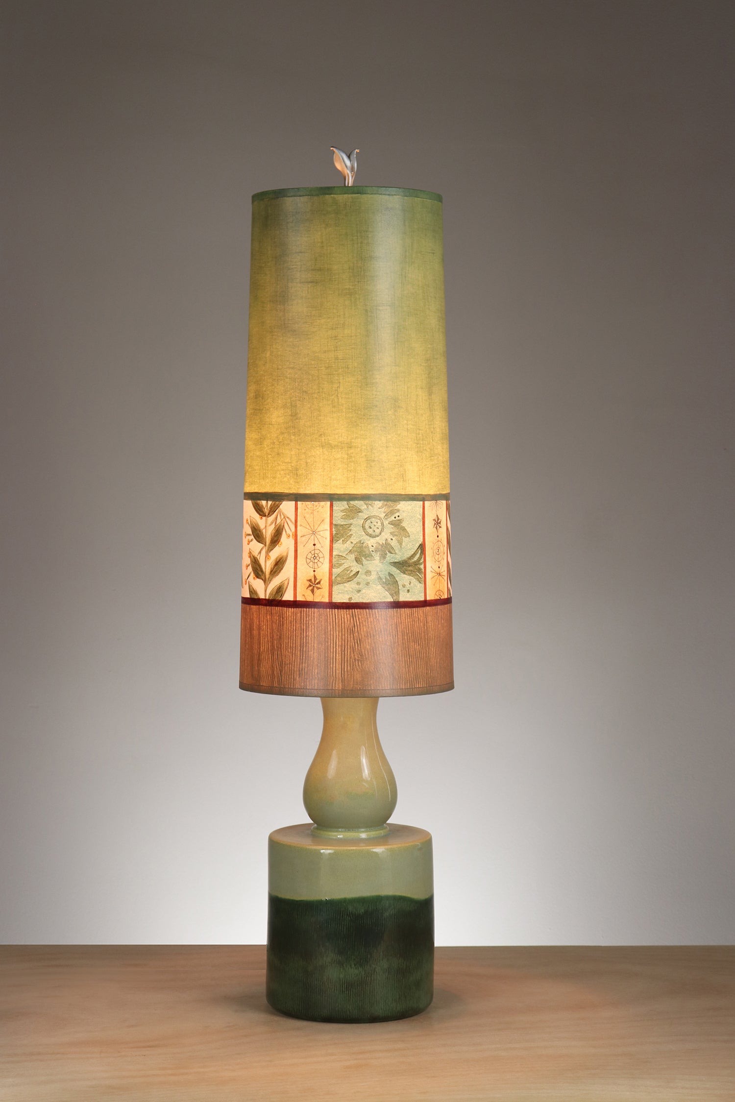 Janna Ugone & Co Leaf Green Ceramic Table Lamp with Large Tube Shade in Spring Medley in Apple