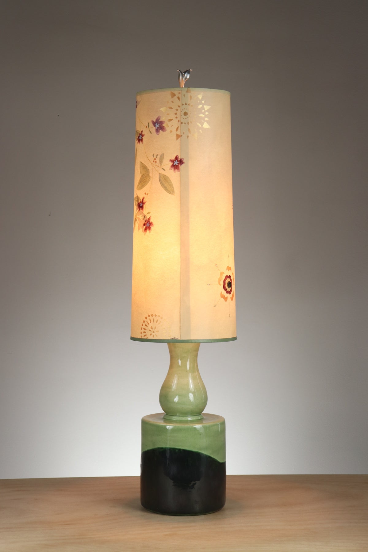 Janna Ugone &amp; Co Leaf Green Ceramic Table Lamp with Large Tube Shade in Spring Star in Ivory