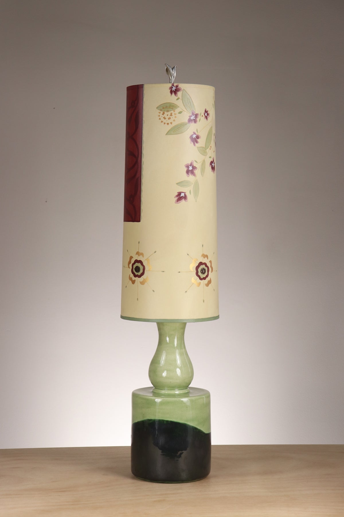 Janna Ugone &amp; Co Leaf Green Ceramic Table Lamp with Large Tube Shade in Spring Star in Ivory