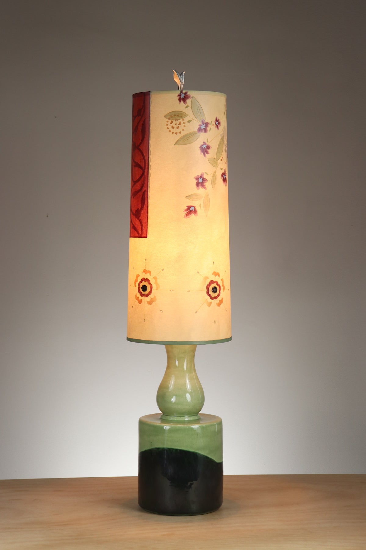 Janna Ugone &amp; Co Leaf Green Ceramic Table Lamp with Large Tube Shade in Spring Star in Ivory
