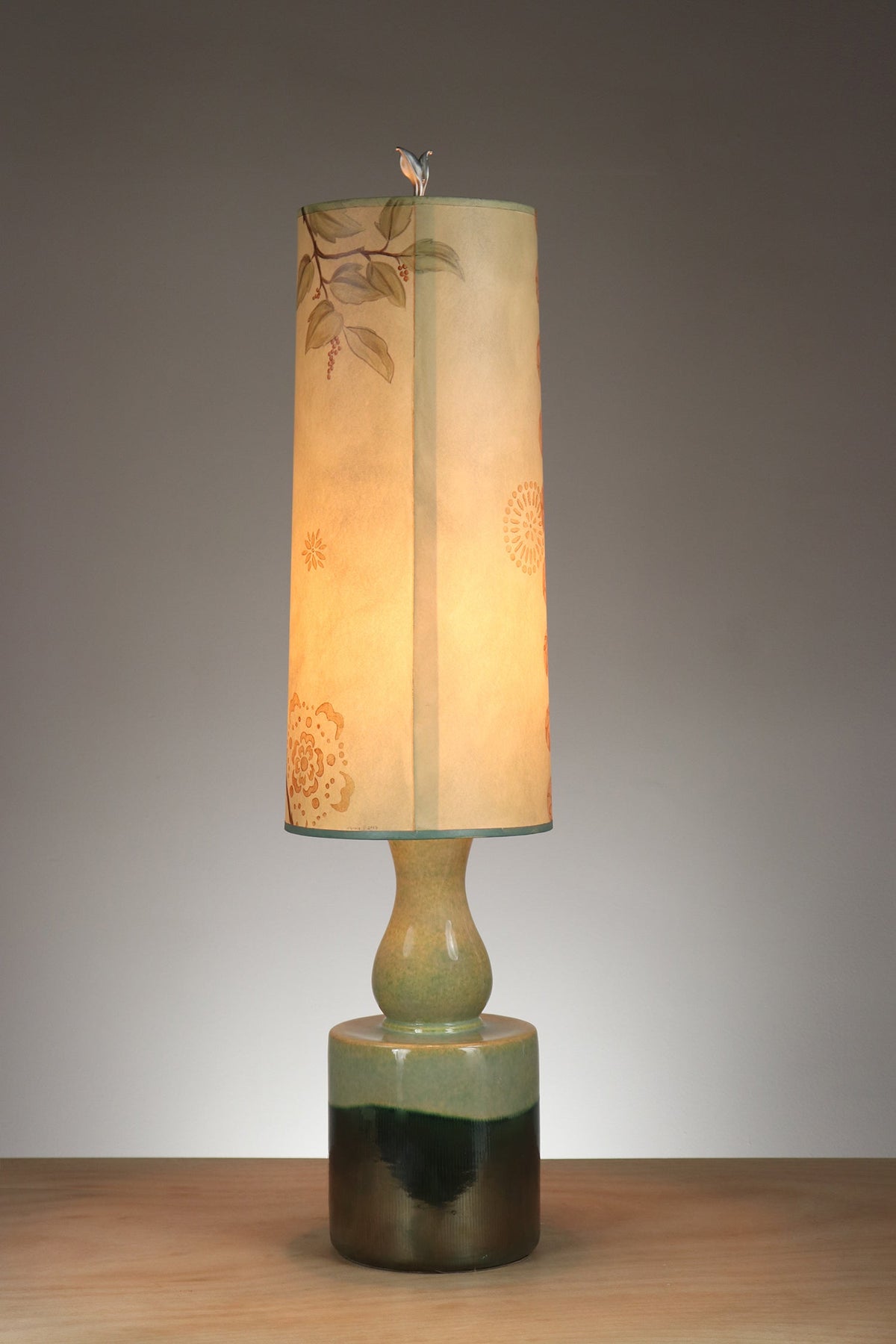 Janna Ugone &amp; Co Leaf Green Ceramic Table Lamp with Large Tube Shade in Sweet Bird in Celery