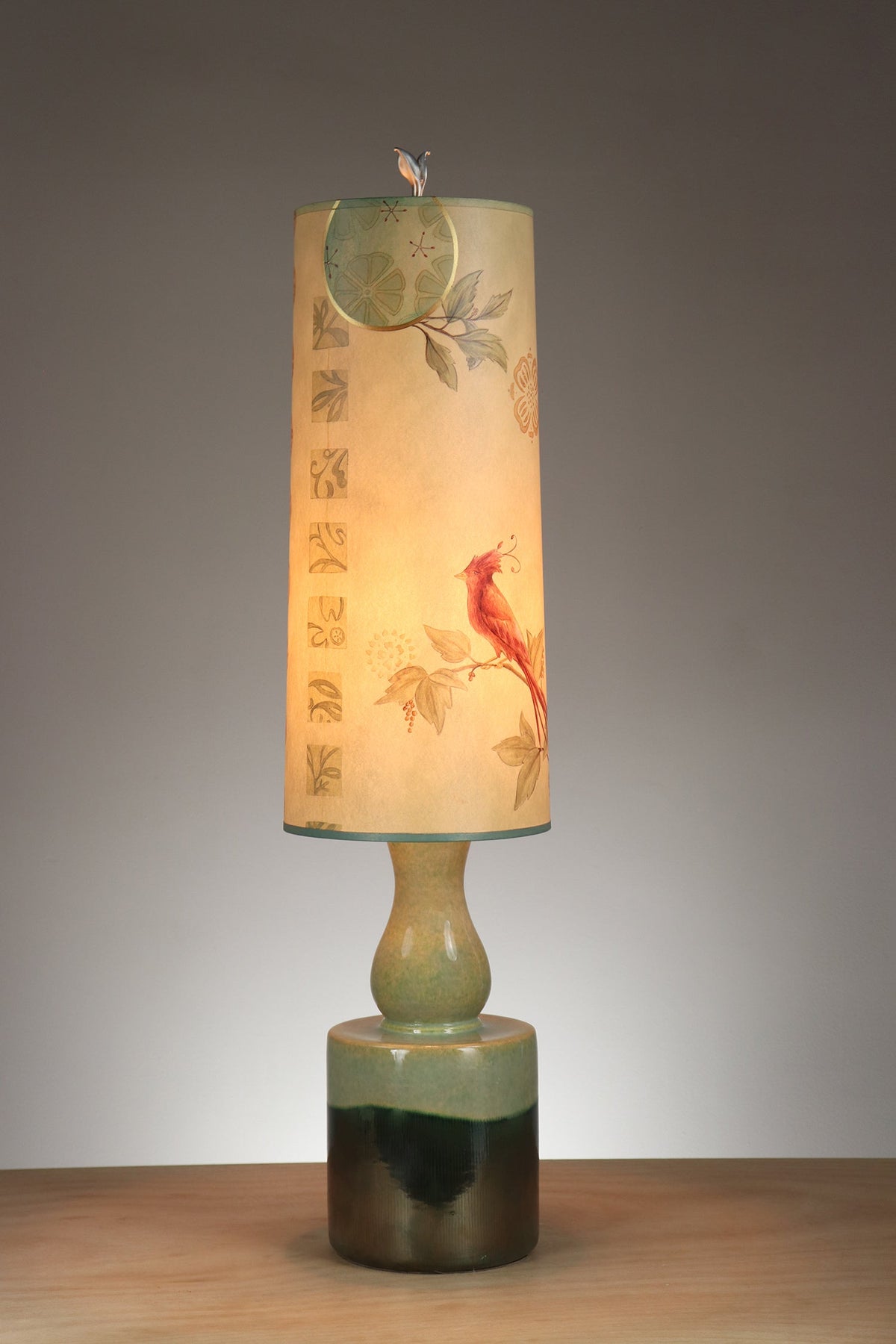 Janna Ugone &amp; Co Leaf Green Ceramic Table Lamp with Large Tube Shade in Sweet Bird in Celery