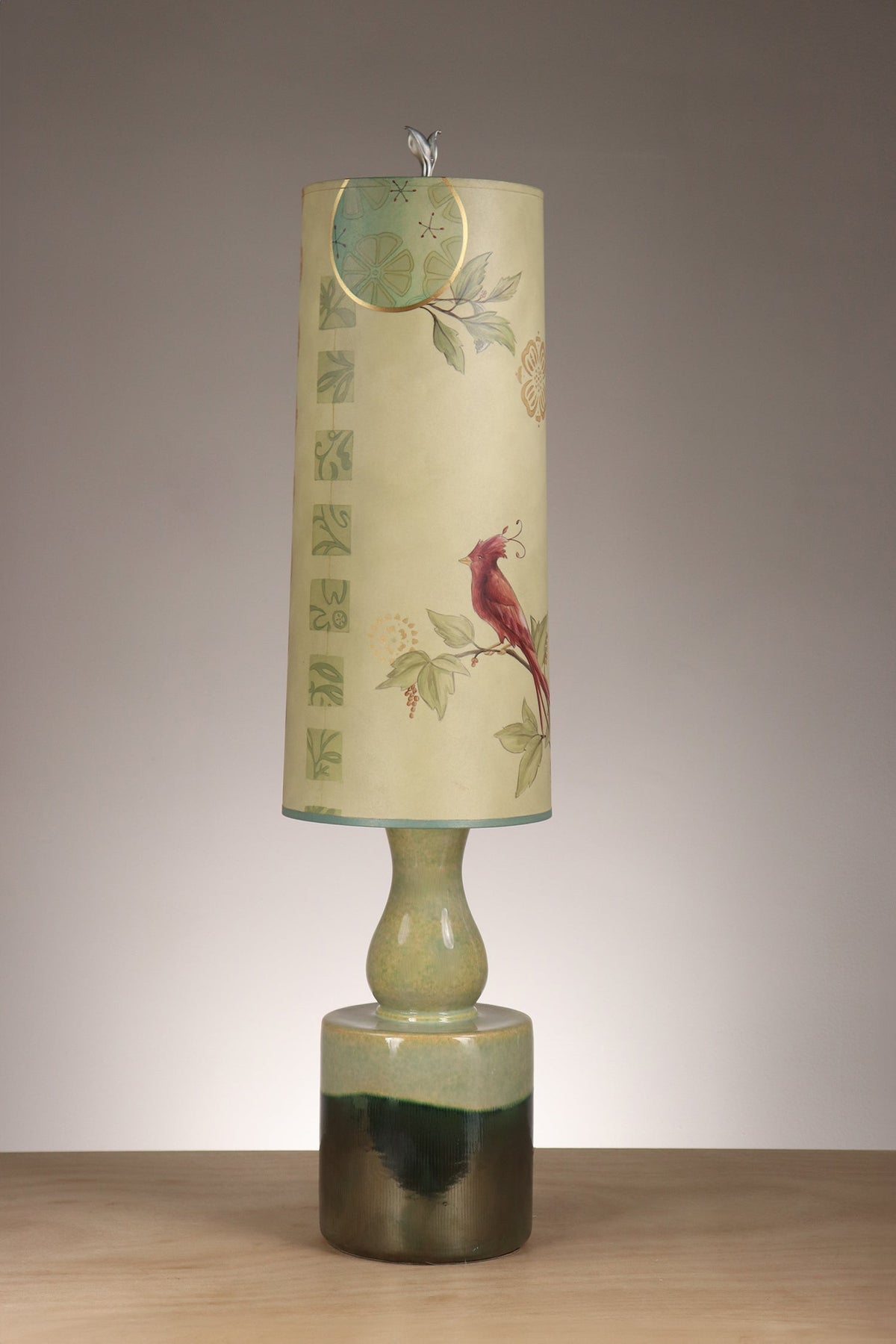 Janna Ugone &amp; Co Leaf Green Ceramic Table Lamp with Large Tube Shade in Sweet Bird in Celery