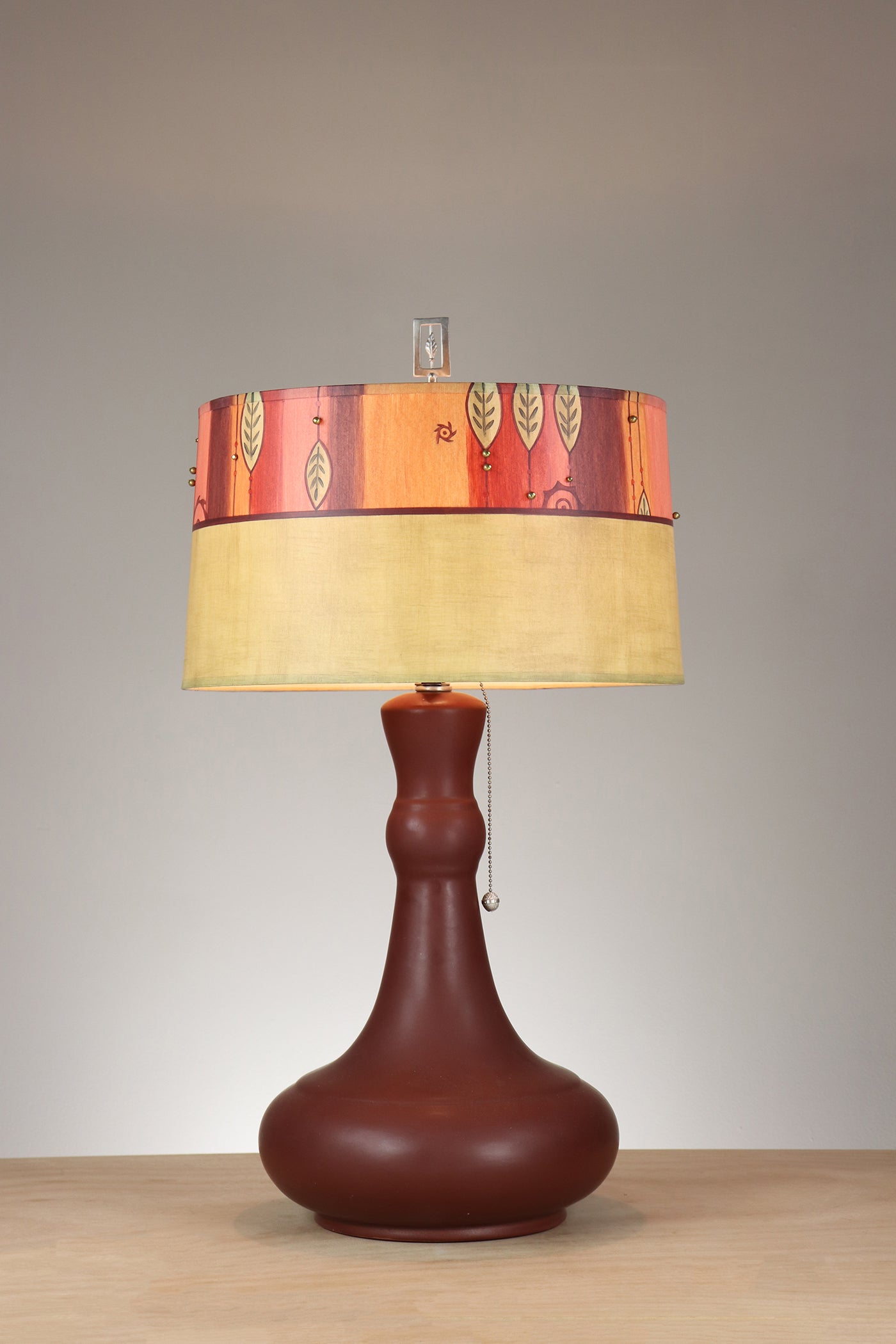 Janna Ugone & Co Maroon Ceramic Table Lamp with Large Drum Shade in Leaf Bead