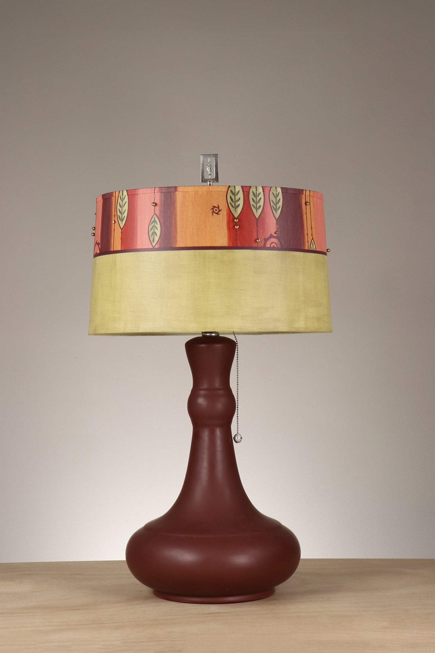 Janna Ugone & Co Maroon Ceramic Table Lamp with Large Drum Shade in Leaf Bead