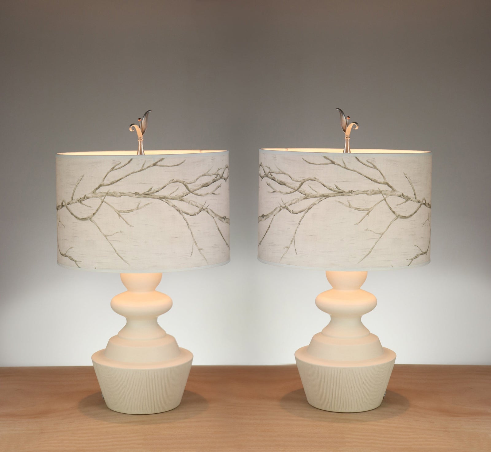 Janna Ugone & Co Pair of Ceramic Table Lamps with Large Giglee Drum Shades in Sweeping Branch