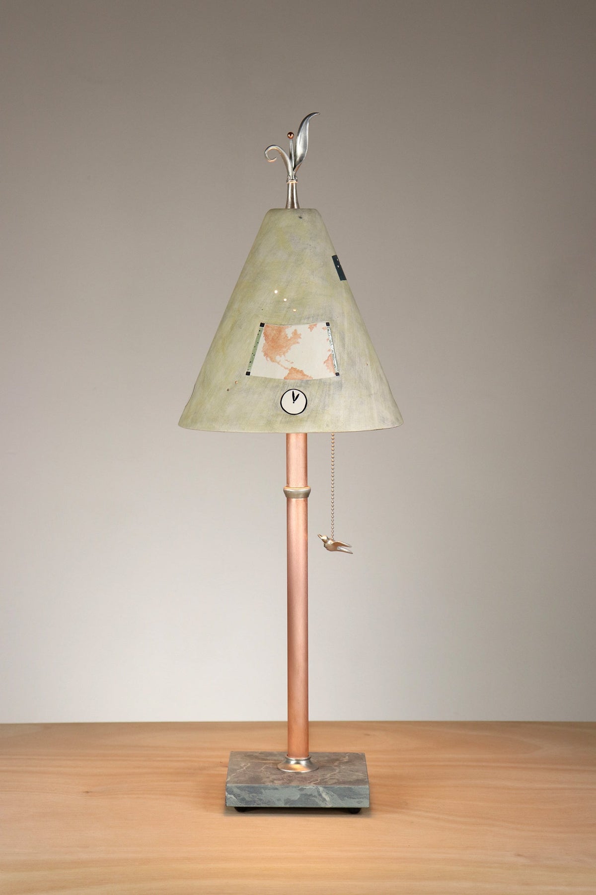 Janna Ugone &amp; Co Table Lamp PAIR of Copper Table Lamps with Small Conical Ceramic Shades in Map in Amber