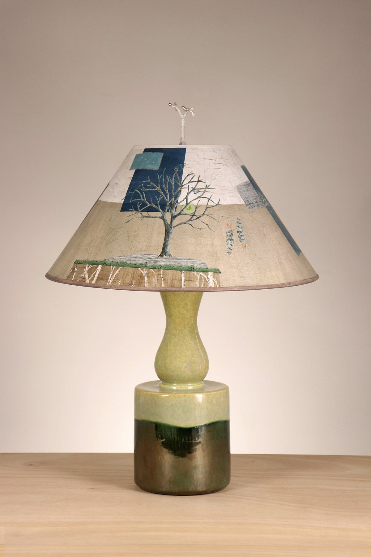 Janna Ugone &amp; Co Table Lamp PAIR of Leaf Green Ceramic Table Lamp with Large Conical Shade in Wander in Drift