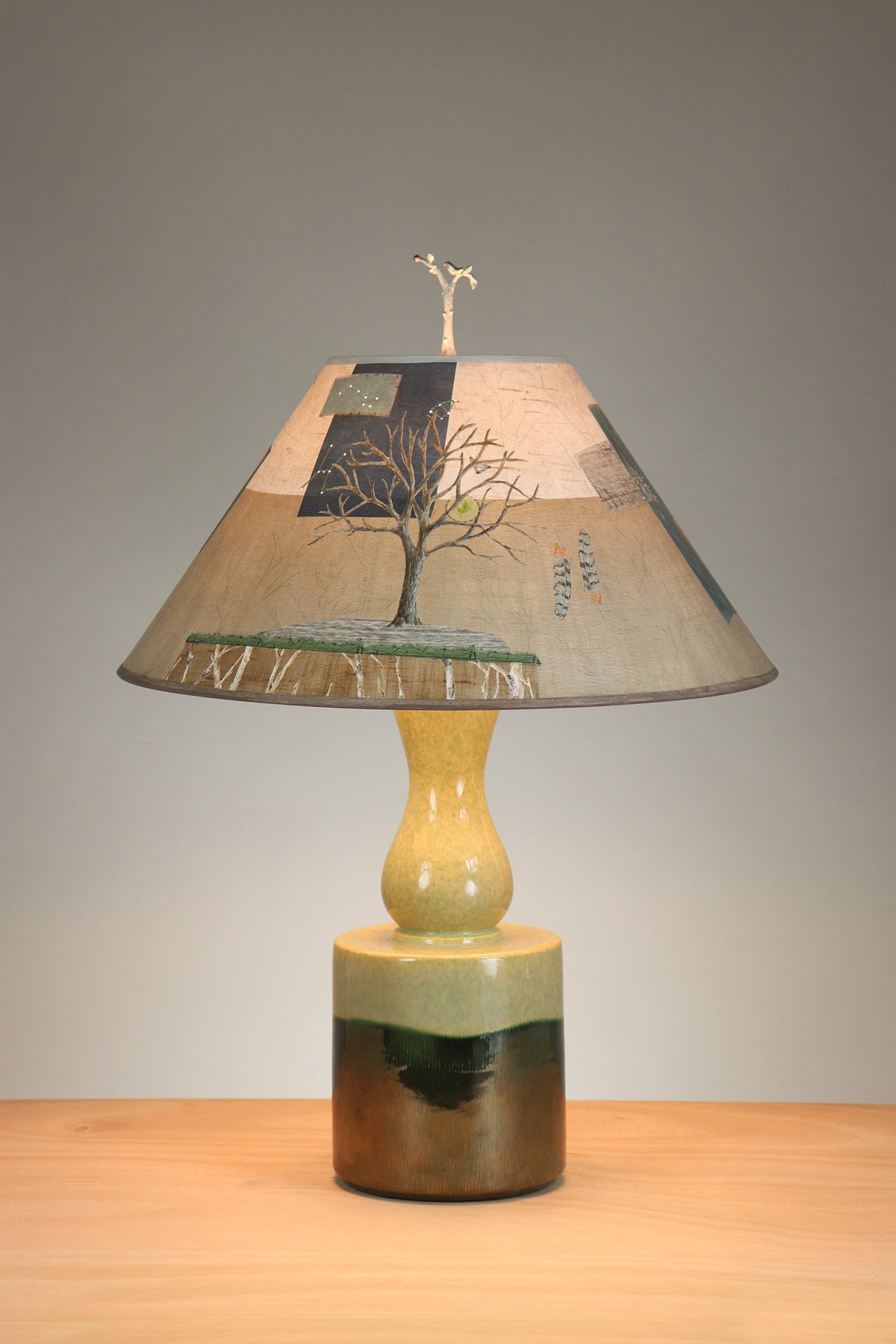 Janna Ugone &amp; Co Table Lamp PAIR of Leaf Green Ceramic Table Lamp with Large Conical Shade in Wander in Drift