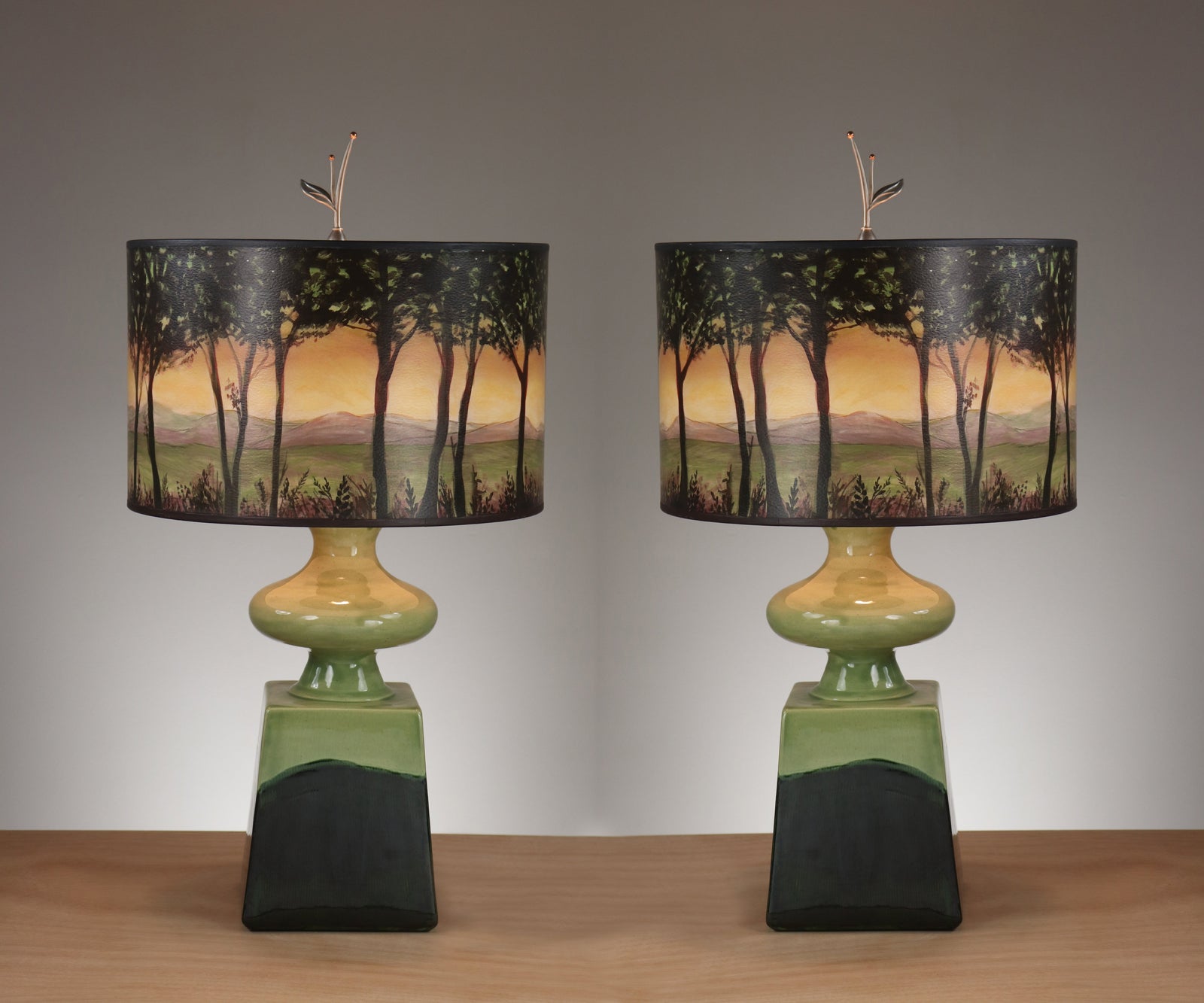 Janna Ugone & Co Table Lamp Pair of Pear Bronze Ceramic Table Lamps with Large Drum Shades in Dawn