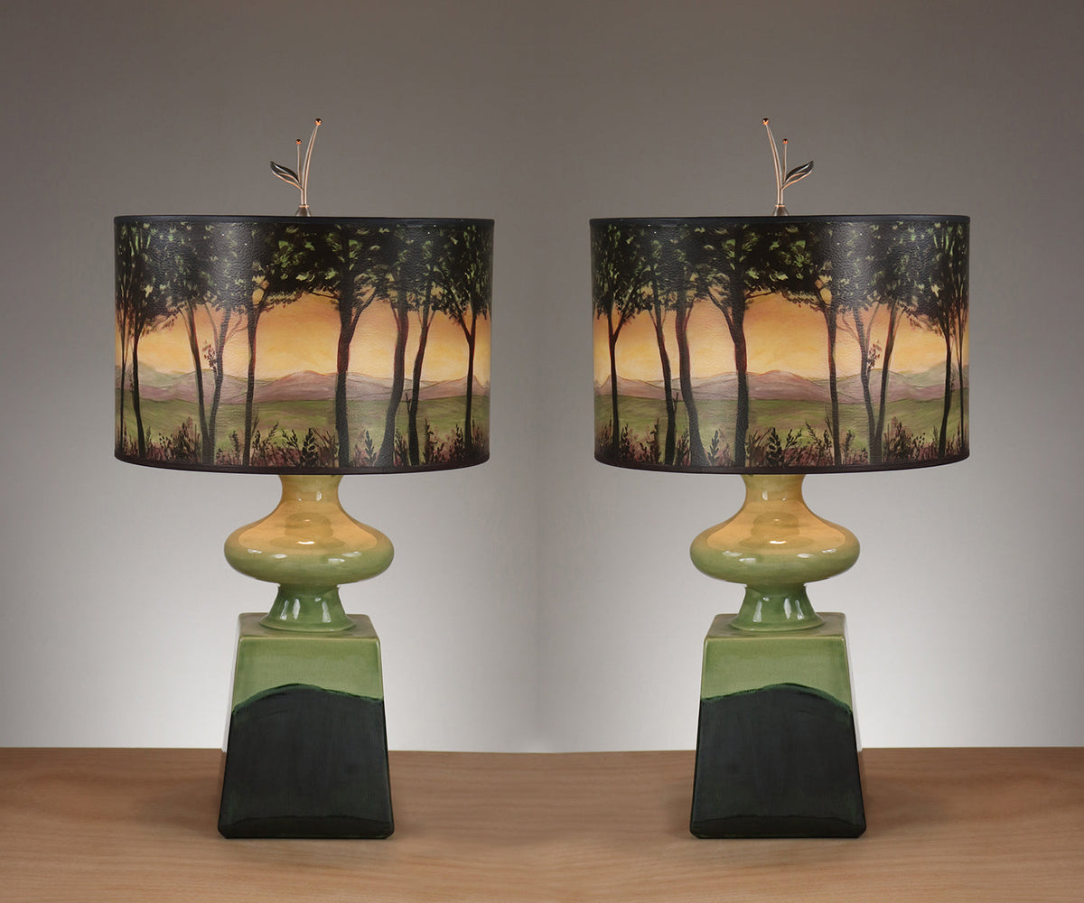 Janna Ugone &amp; Co Table Lamp Pair of Pear Bronze Ceramic Table Lamps with Large Drum Shades in Dawn