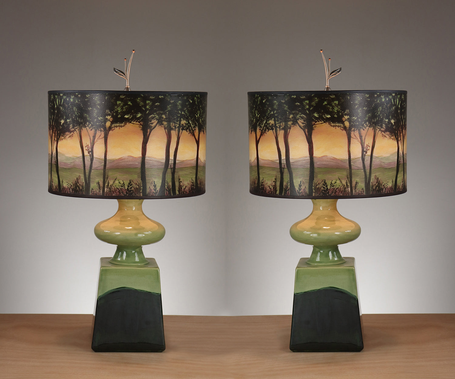 Janna Ugone & Co Table Lamp Pair of Pear Bronze Ceramic Table Lamps with Large Drum Shades in Dawn