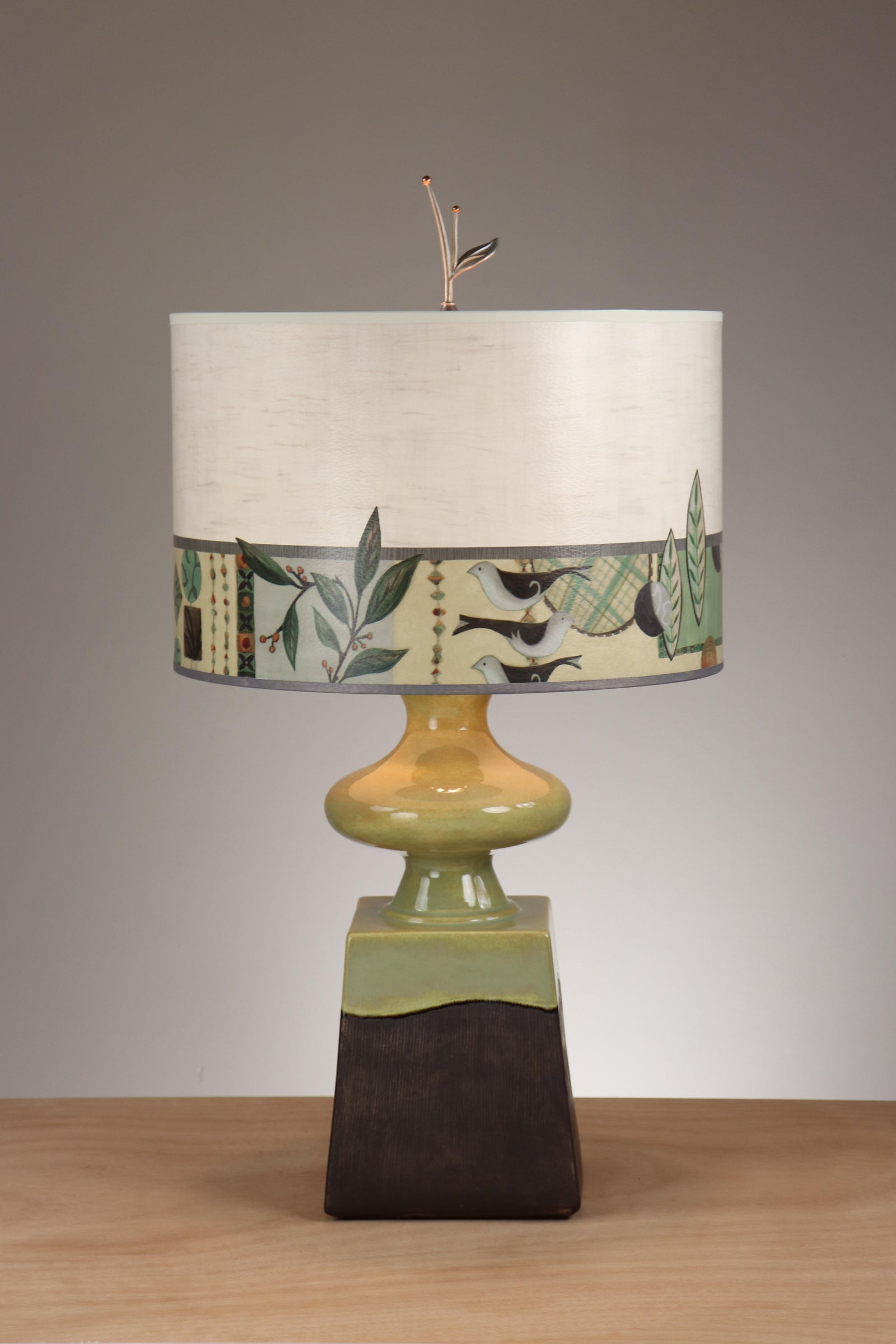 Janna Ugone & Co Table Lamp Pear Bronze Ceramic Table Lamp with Large Drum Shade in New Capri in Opal