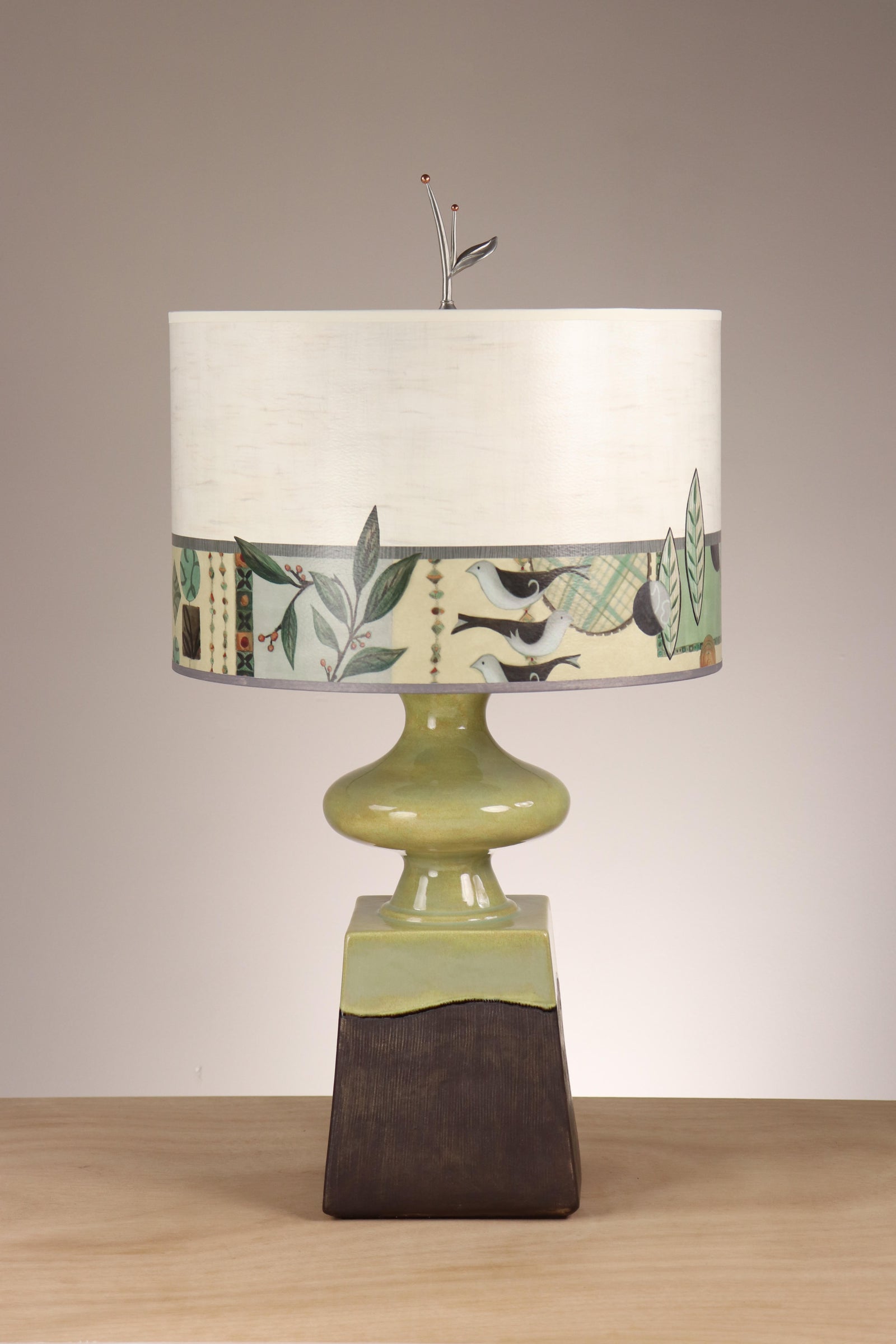 Janna Ugone & Co Table Lamp Pear Bronze Ceramic Table Lamp with Large Drum Shade in New Capri in Opal