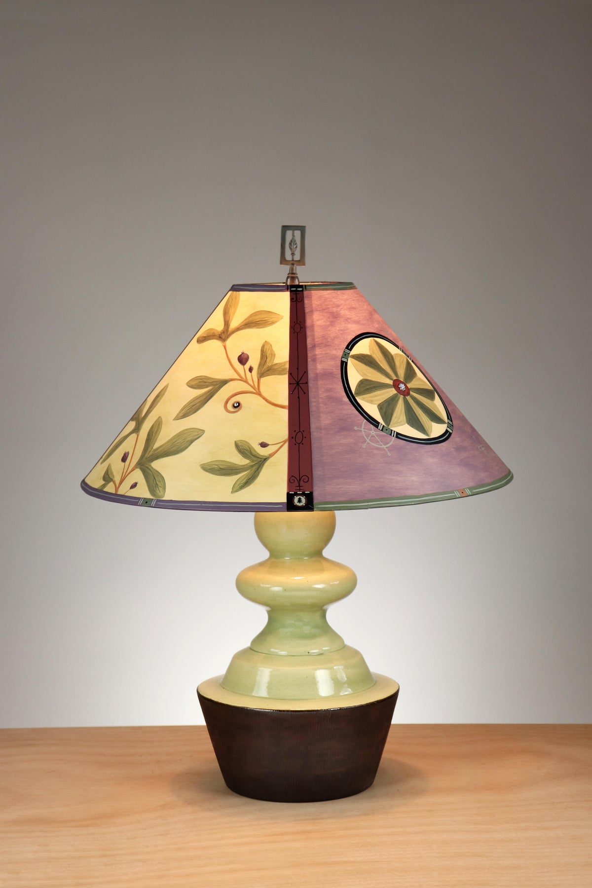 Janna Ugone &amp; Co Pear Bronze Glaze Ceramic Table Lamp with Large Conical Shade in Medallion in Purple