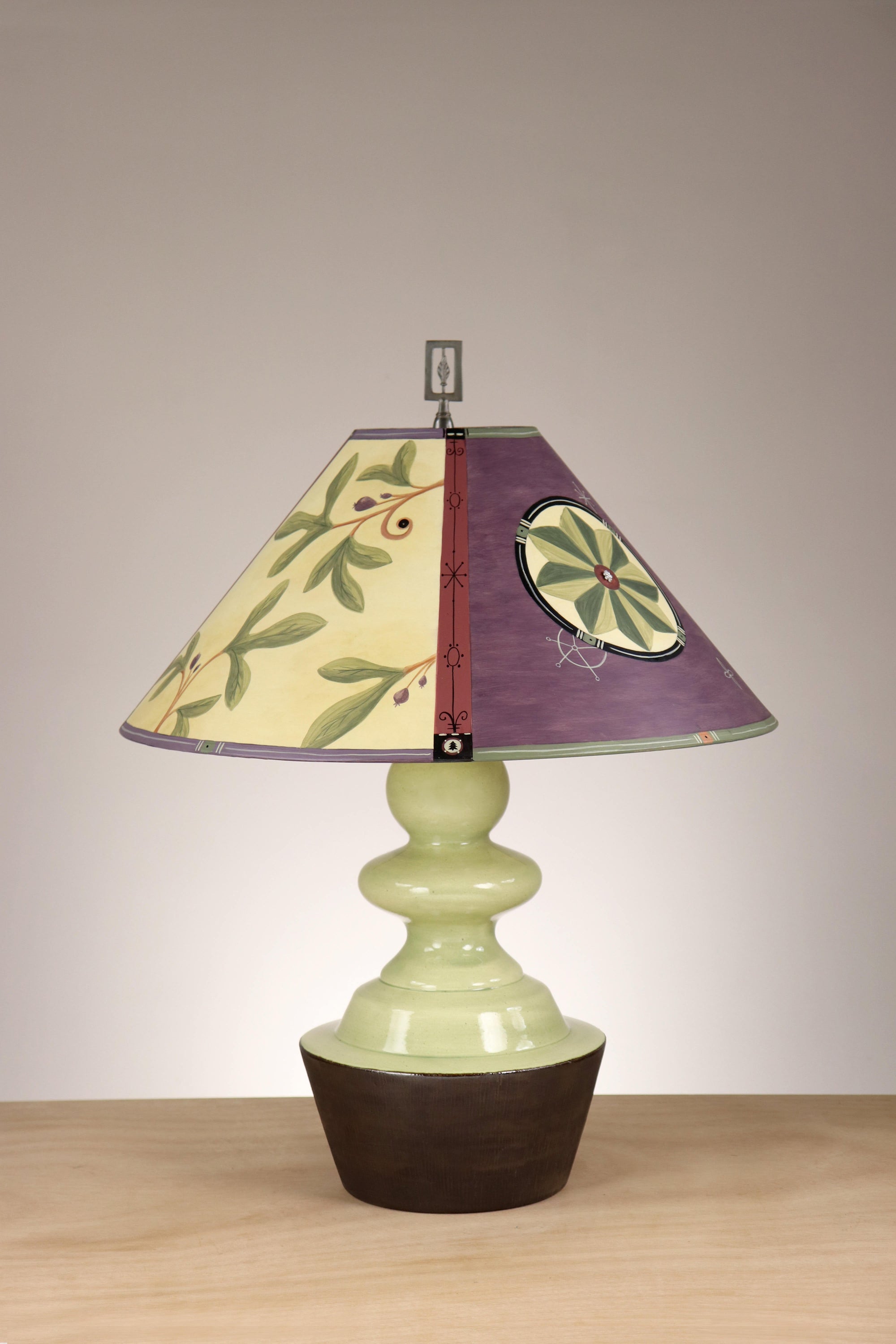 Janna Ugone & Co Pear Bronze Glaze Ceramic Table Lamp with Large Conical Shade in Medallion in Purple