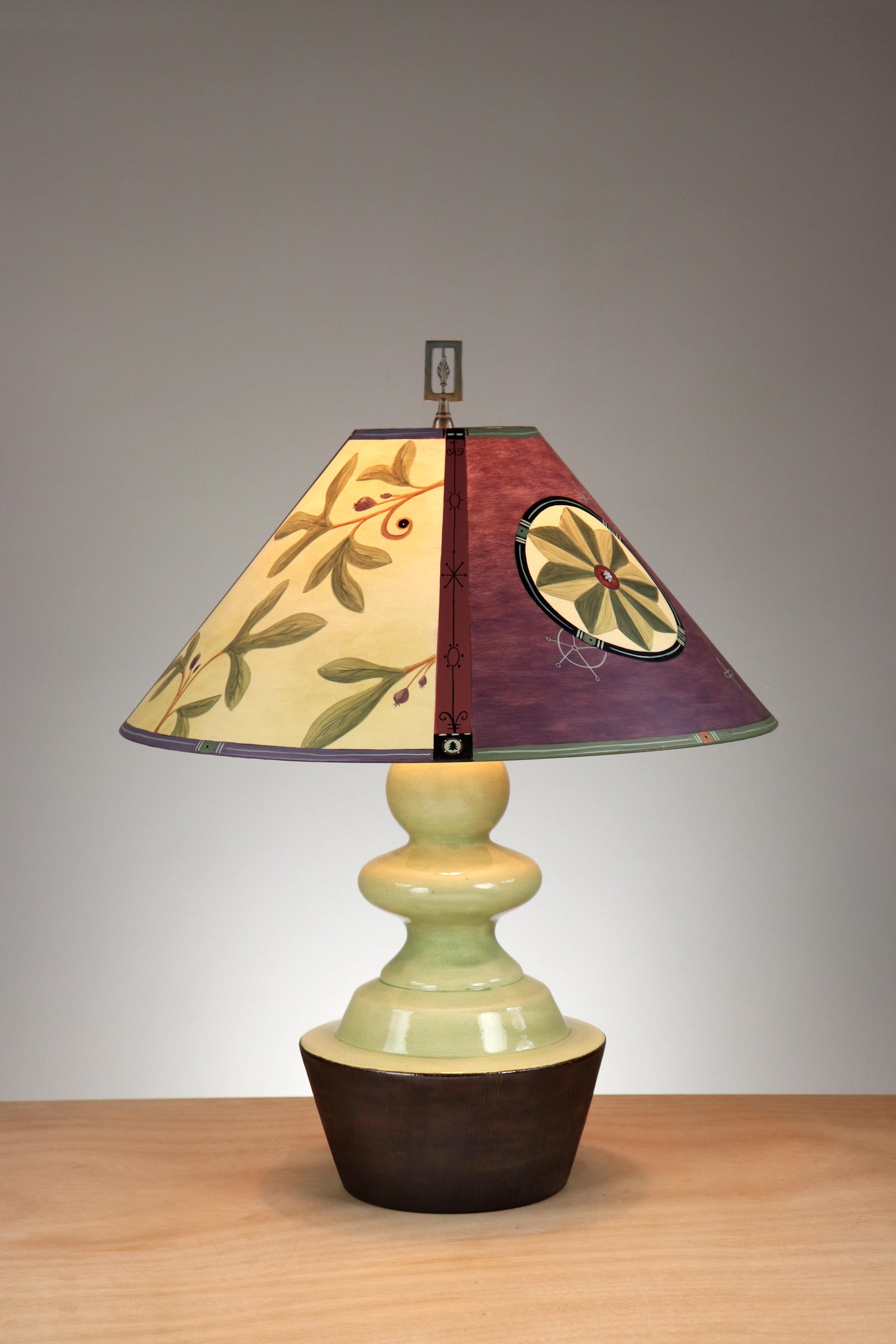 Janna Ugone & Co Pear Bronze Glaze Ceramic Table Lamp with Large Conical Shade in Medallion in Purple