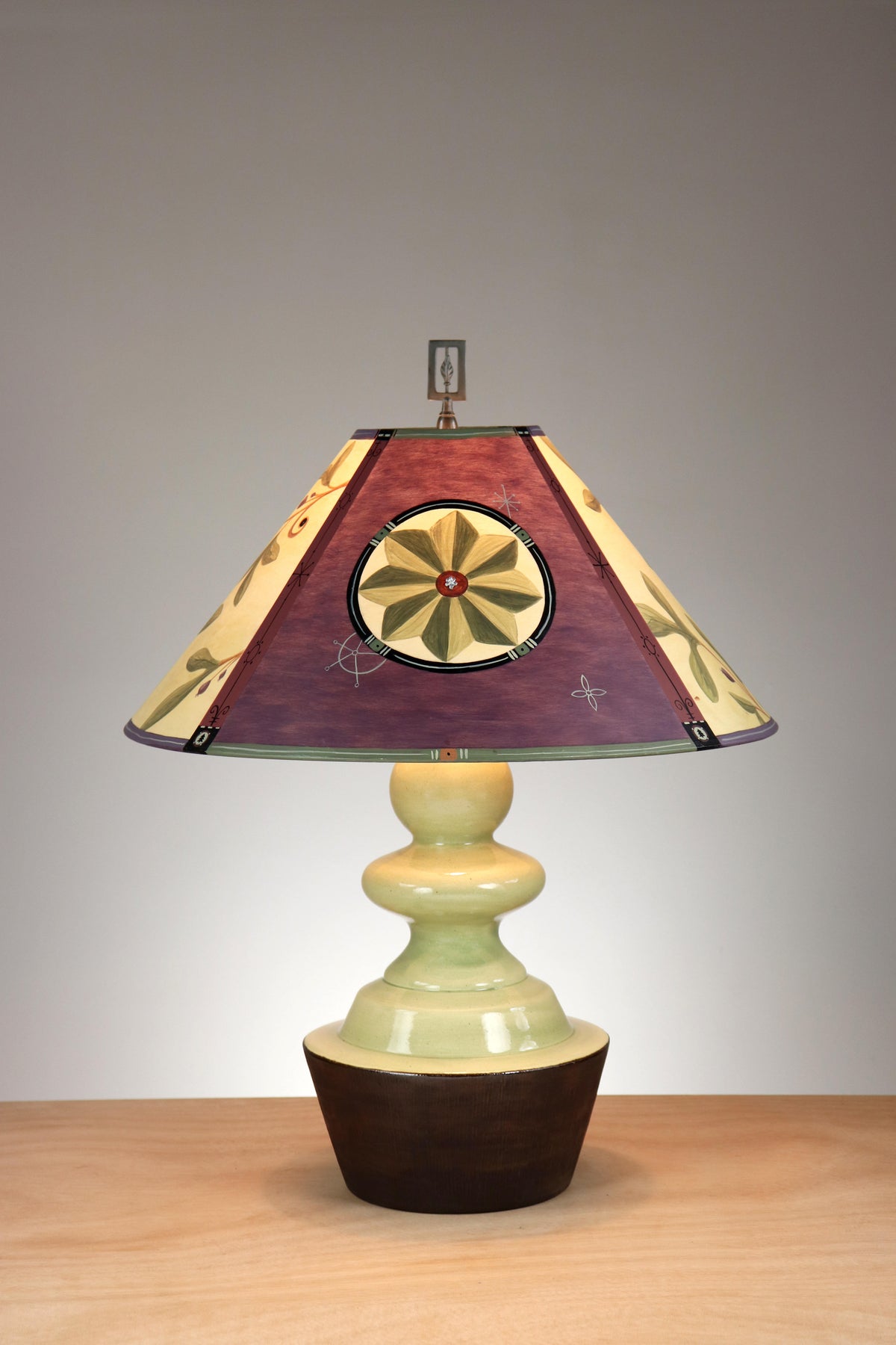 Janna Ugone &amp; Co Pear Bronze Glaze Ceramic Table Lamp with Large Conical Shade in Medallion in Purple