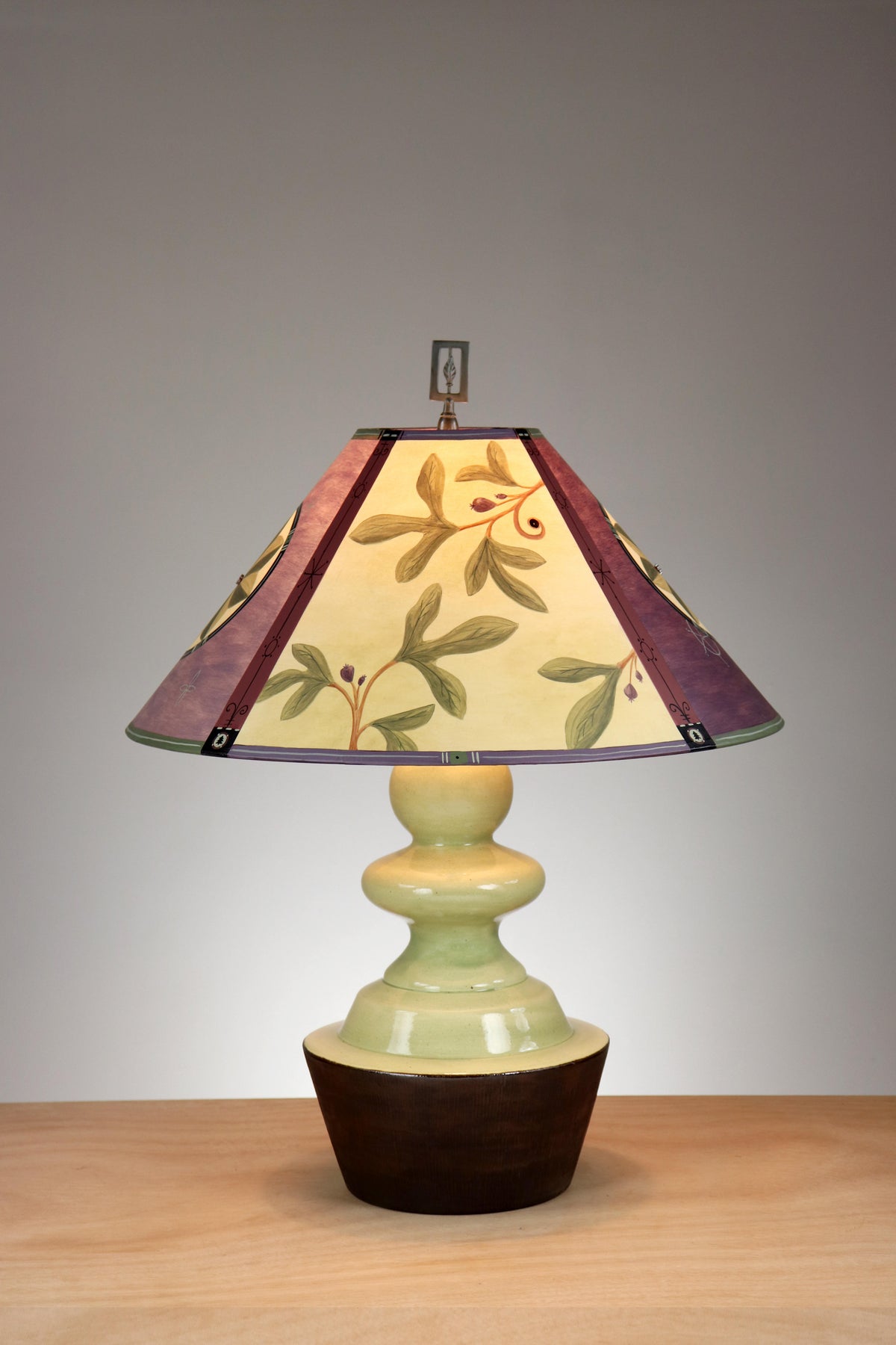 Janna Ugone &amp; Co Pear Bronze Glaze Ceramic Table Lamp with Large Conical Shade in Medallion in Purple