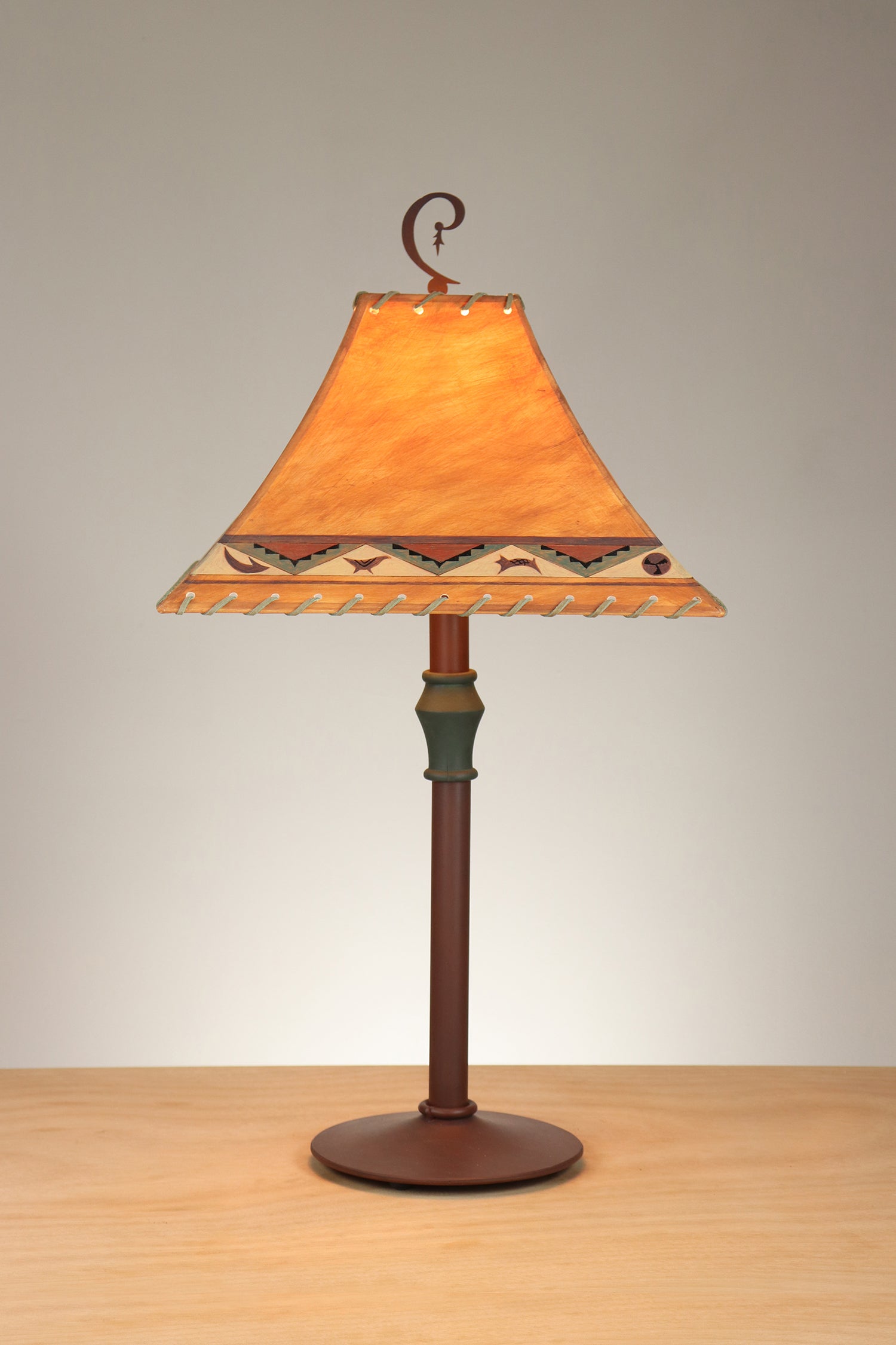 Janna Ugone & Co Table Lamp Rust Red and Green Steel Table Lamp with Medium Pagoda Shade in Sundance Blanket