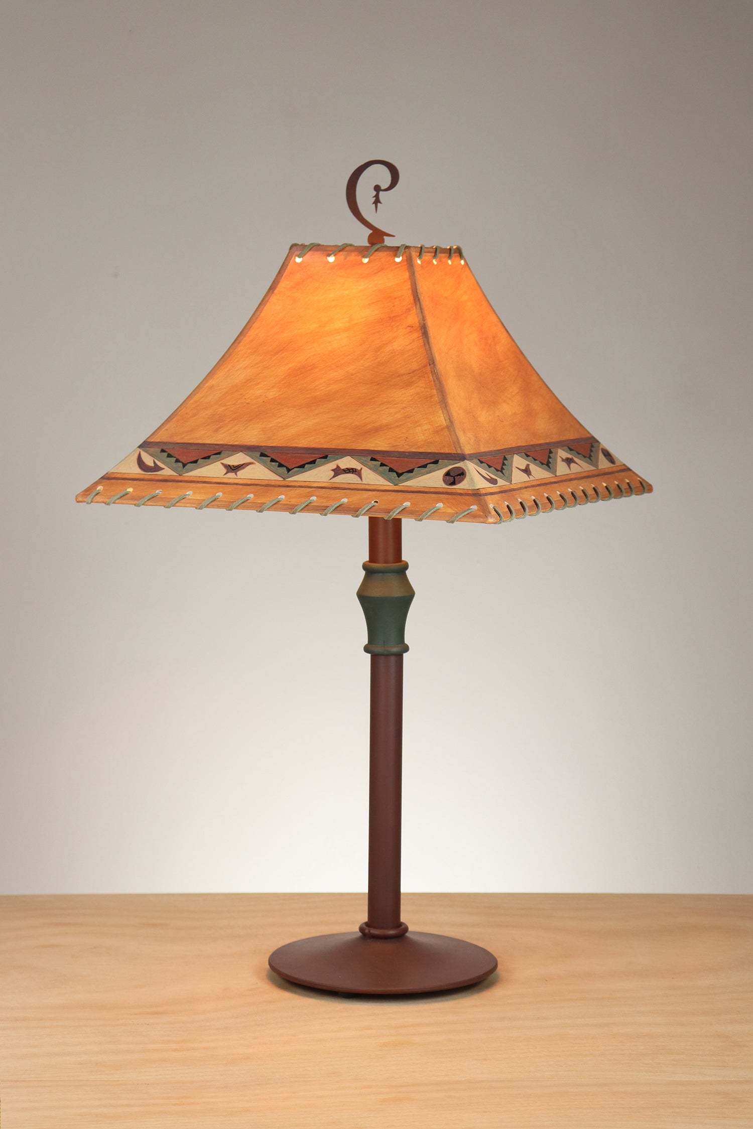 Janna Ugone & Co Table Lamp Rust Red and Green Steel Table Lamp with Medium Pagoda Shade in Sundance Blanket