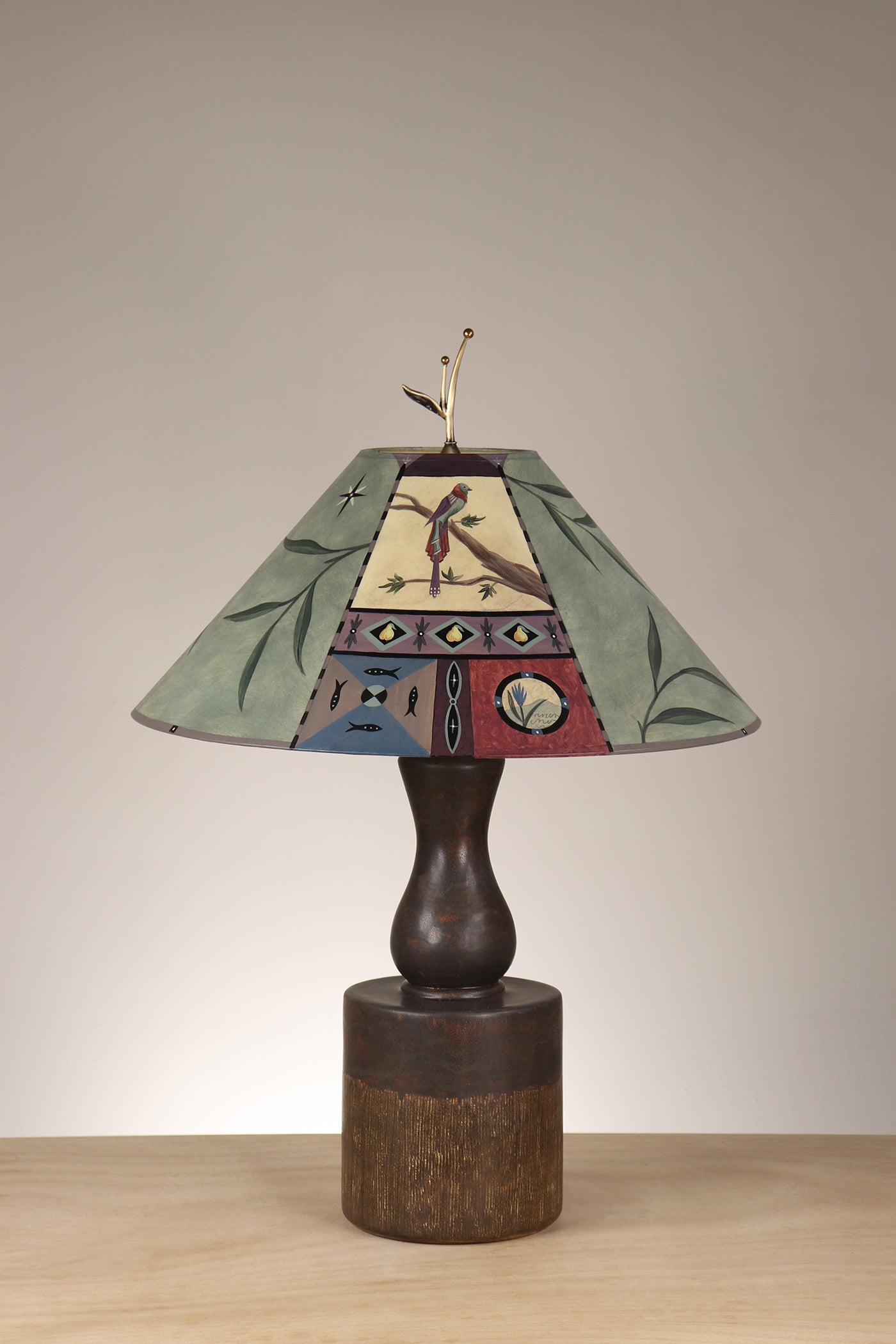 Janna Ugone & Co Rustic Brown Ceramic Table Lamp with Large Conical Shade in Tapestry in Sage