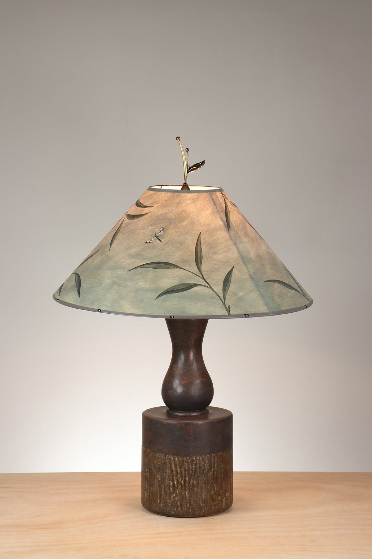 Janna Ugone &amp; Co Rustic Brown Ceramic Table Lamp with Large Conical Shade in Tapestry in Sage