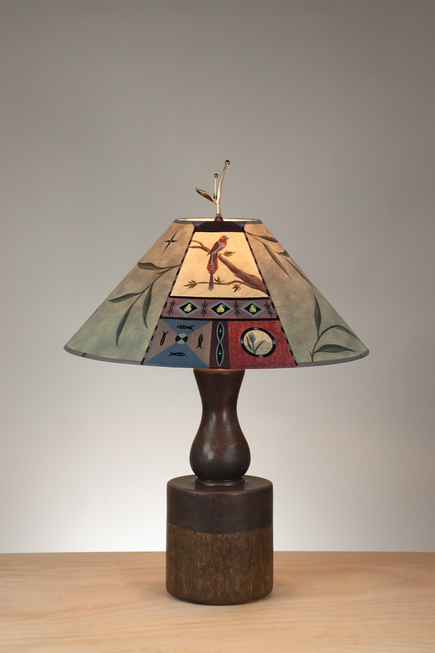 Janna Ugone & Co Rustic Brown Ceramic Table Lamp with Large Conical Shade in Tapestry in Sage