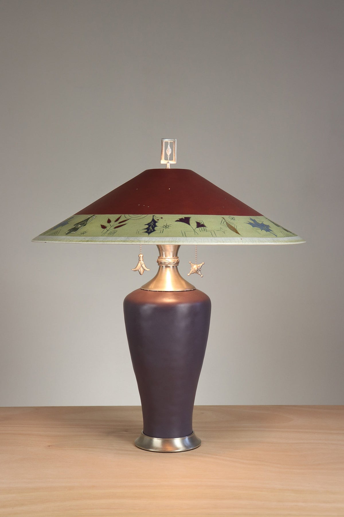 Janna Ugone &amp; Co Table Lamps Sienna Zinc Table Lamp with Large Wide Conical Ceramic Shade in Leaf Border in Redwood