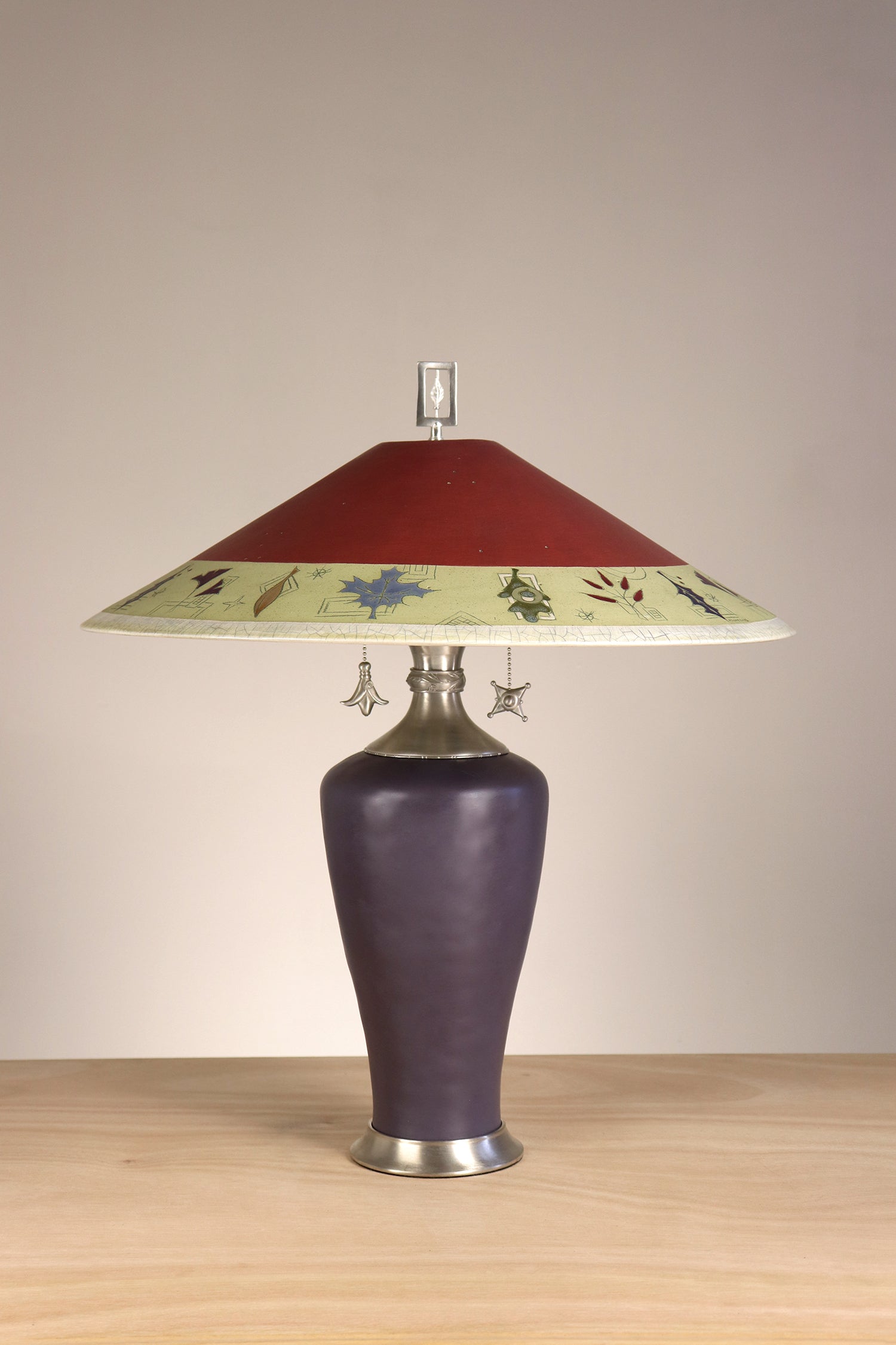 Janna Ugone & Co Table Lamps Sienna Zinc Table Lamp with Large Wide Conical Ceramic Shade in Leaf Border in Redwood