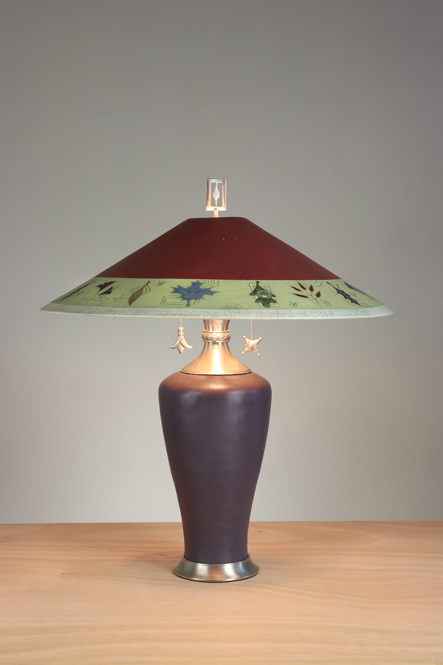 Janna Ugone & Co Table Lamps Sienna Zinc Table Lamp with Large Wide Conical Ceramic Shade in Leaf Border in Redwood