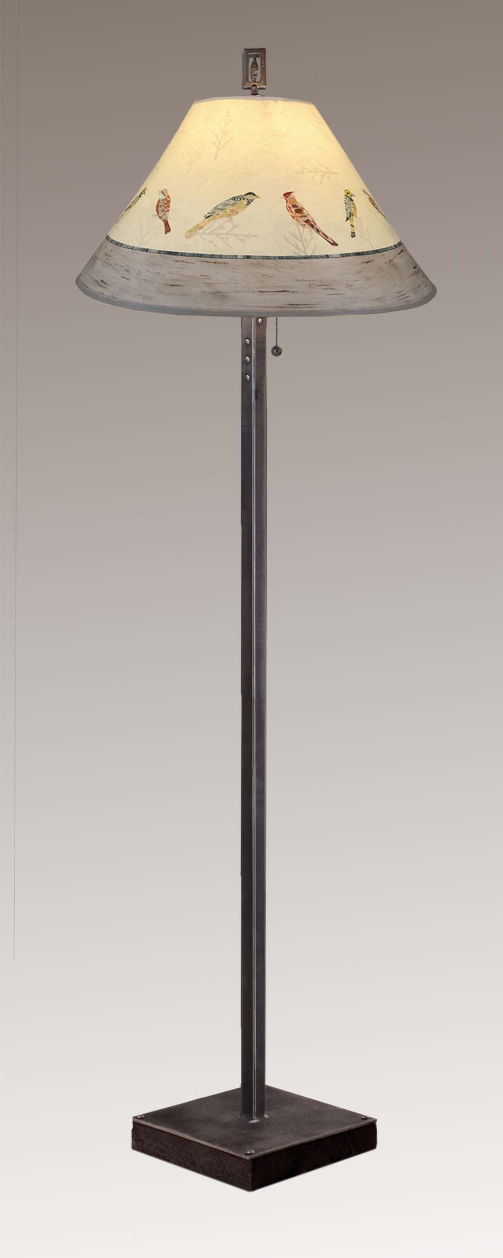 Janna Ugone & Co Floor Lamps Steel Floor Lamp on  Reclaimed Wood with Large Conical Shade in Bird Friends