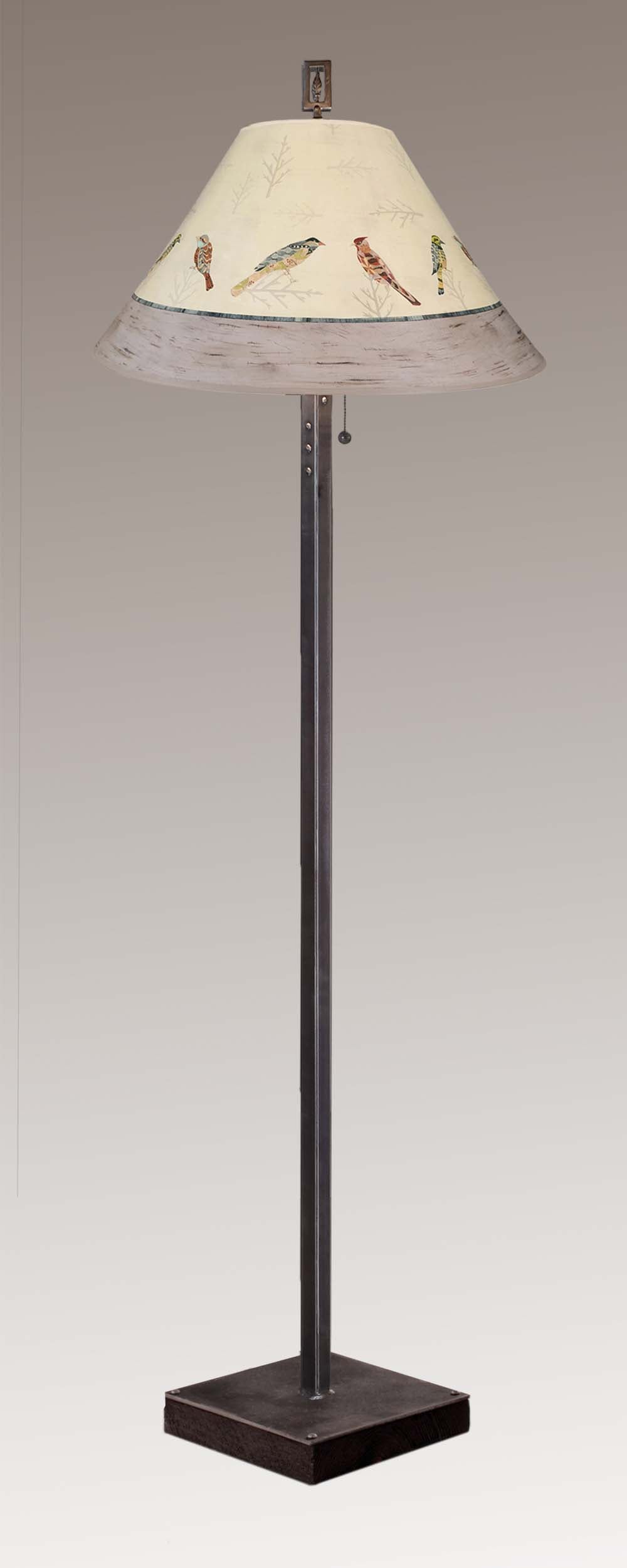Janna Ugone & Co Floor Lamps Steel Floor Lamp on  Reclaimed Wood with Large Conical Shade in Bird Friends