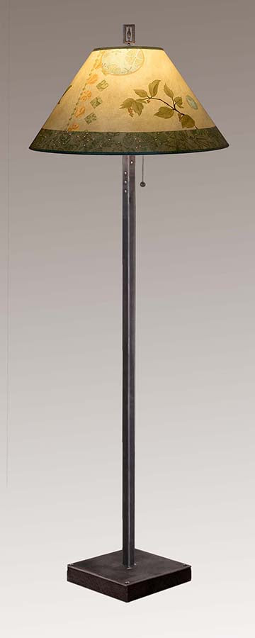 Janna Ugone &amp; Co Floor Lamp Steel Floor Lamp on  Reclaimed Wood with Large Conical Shade in Celestial Leaf