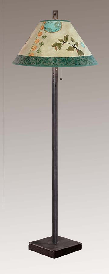 Janna Ugone &amp; Co Floor Lamp Steel Floor Lamp on  Reclaimed Wood with Large Conical Shade in Celestial Leaf