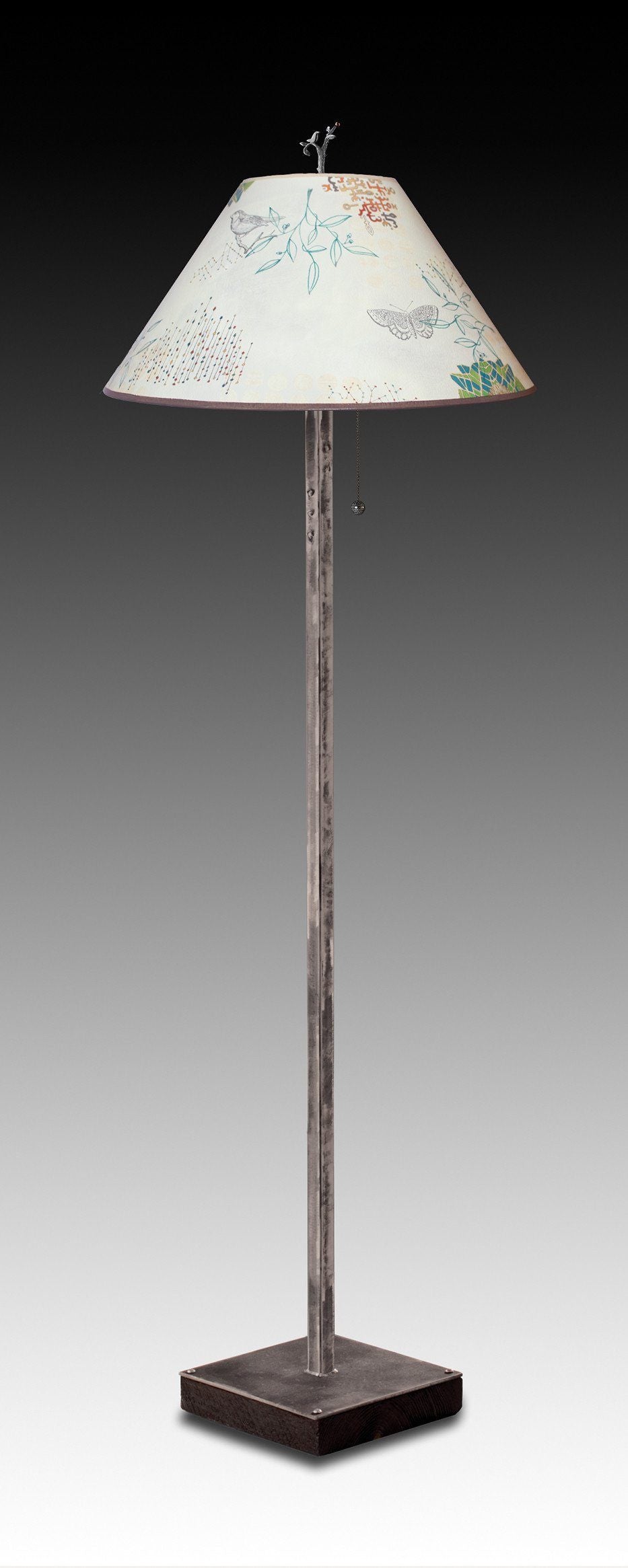 Janna Ugone & Co Floor Lamps Steel Floor Lamp on Reclaimed Wood with Large Conical Shade in Ecru Journey