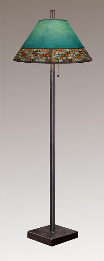 Janna Ugone &amp; Co Floor Lamp Steel Floor Lamp on  Reclaimed Wood with Large Conical Shade in Jade Mosaic