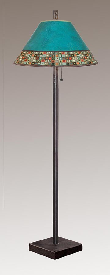 Janna Ugone &amp; Co Floor Lamp Steel Floor Lamp on  Reclaimed Wood with Large Conical Shade in Jade Mosaic