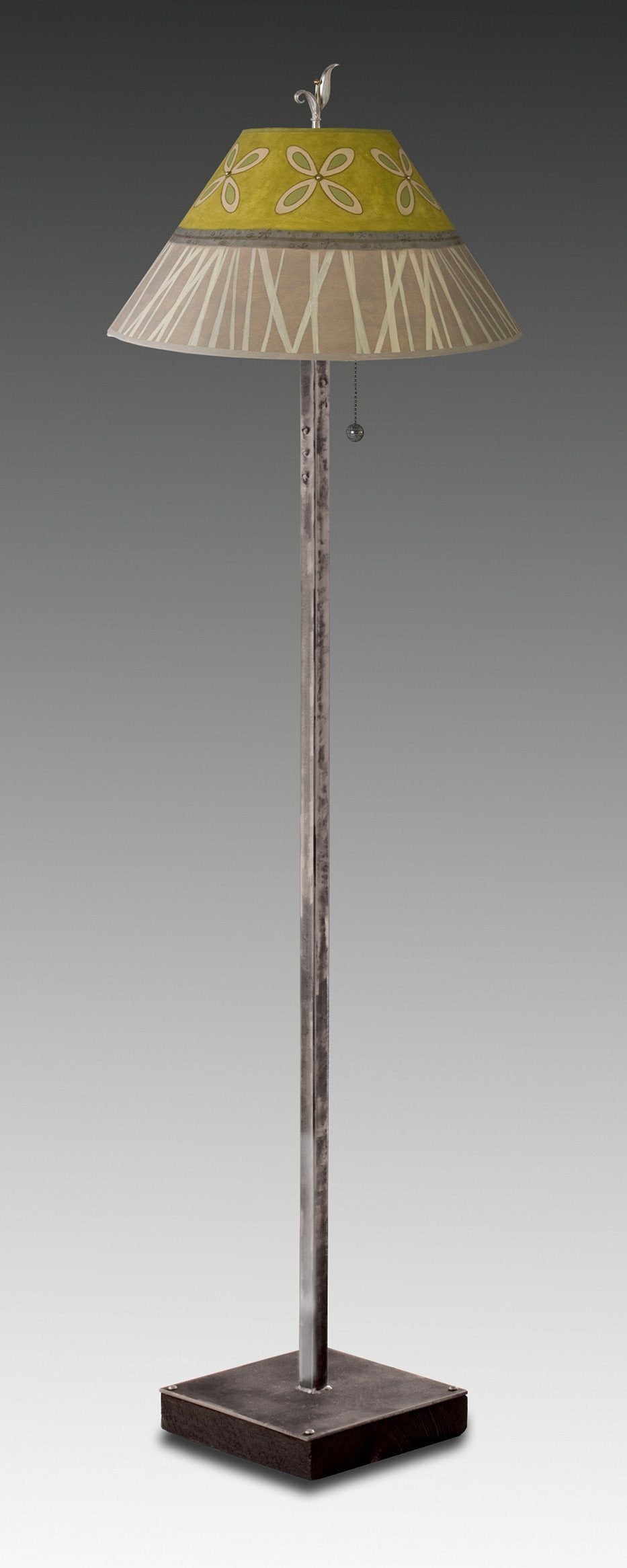 Janna Ugone & Co Floor Lamps Steel Floor Lamp on  Reclaimed Wood with Large Conical Shade in Kiwi