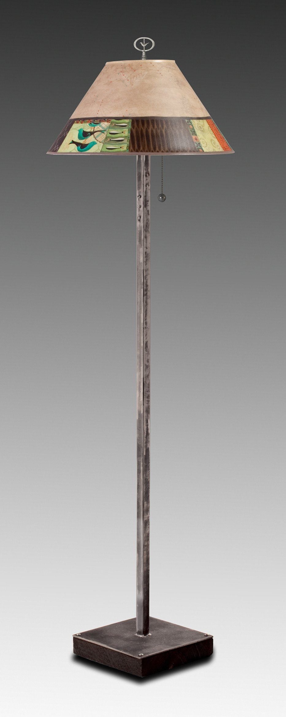 Janna Ugone & Co Floor Lamps Steel Floor Lamp on  Reclaimed Wood with Large Conical Shade in Linen Match