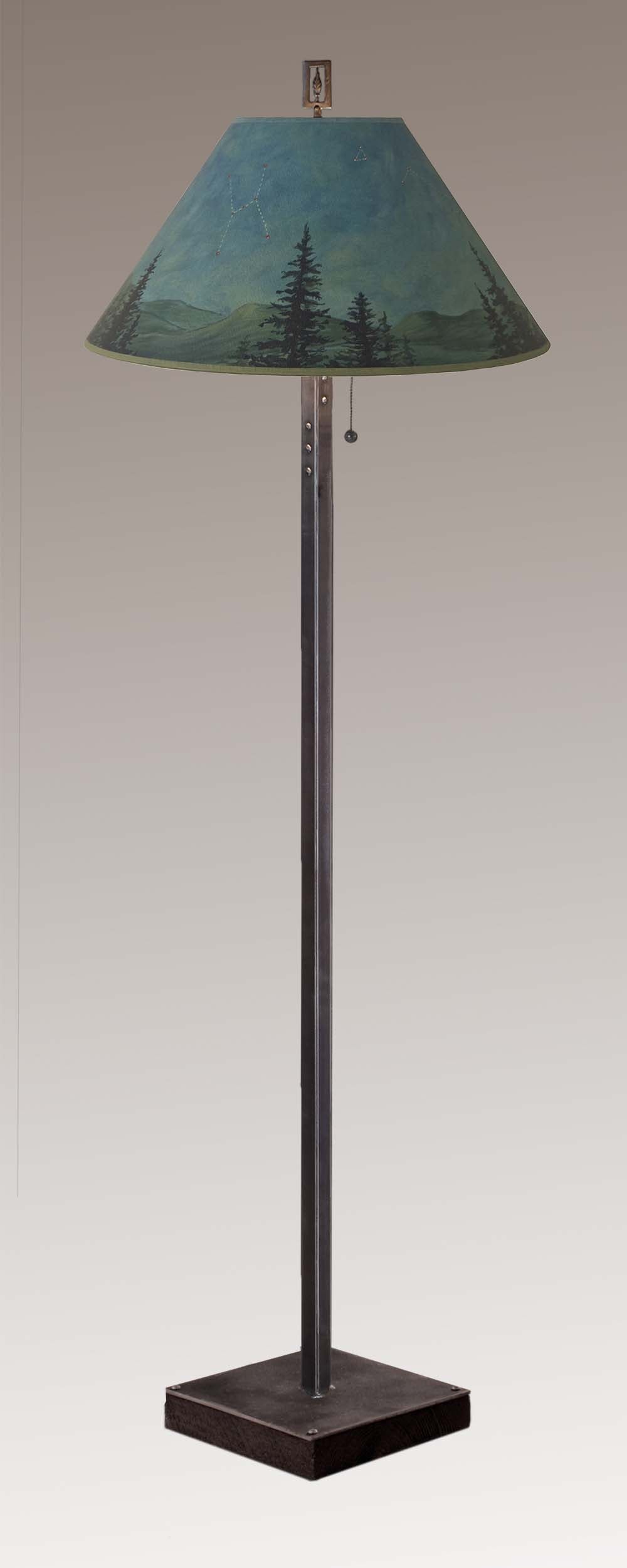Janna Ugone & Co Floor Lamps Steel Floor Lamp on  Reclaimed Wood with Large Conical Shade in Midnight Sky