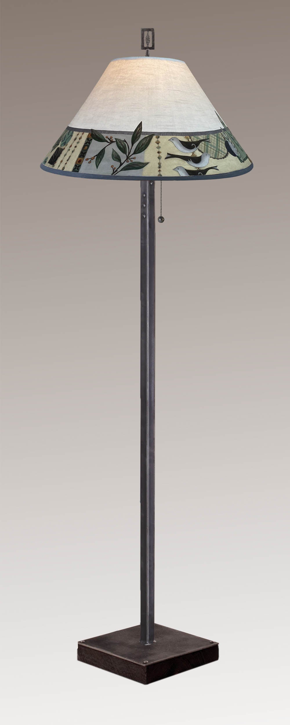 Janna Ugone &amp; Co Floor Lamp Steel Floor Lamp on Reclaimed Wood with Large Conical Shade in New Capri Opal