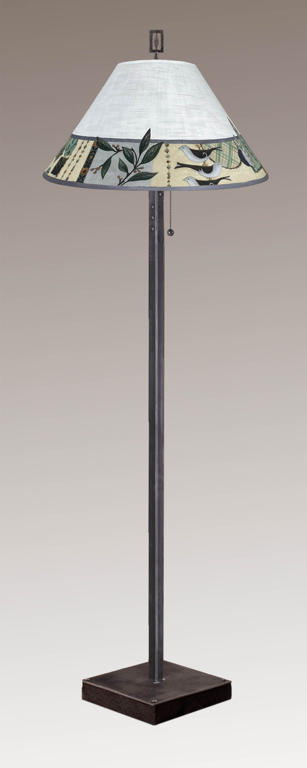 Janna Ugone &amp; Co Floor Lamp Steel Floor Lamp on Reclaimed Wood with Large Conical Shade in New Capri Opal