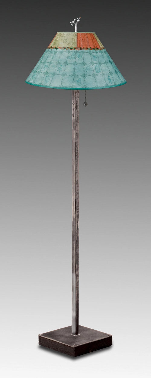 Janna Ugone & Co Floor Lamps Steel Floor Lamp on Reclaimed Wood with Large Conical Shade in Paradise Pool