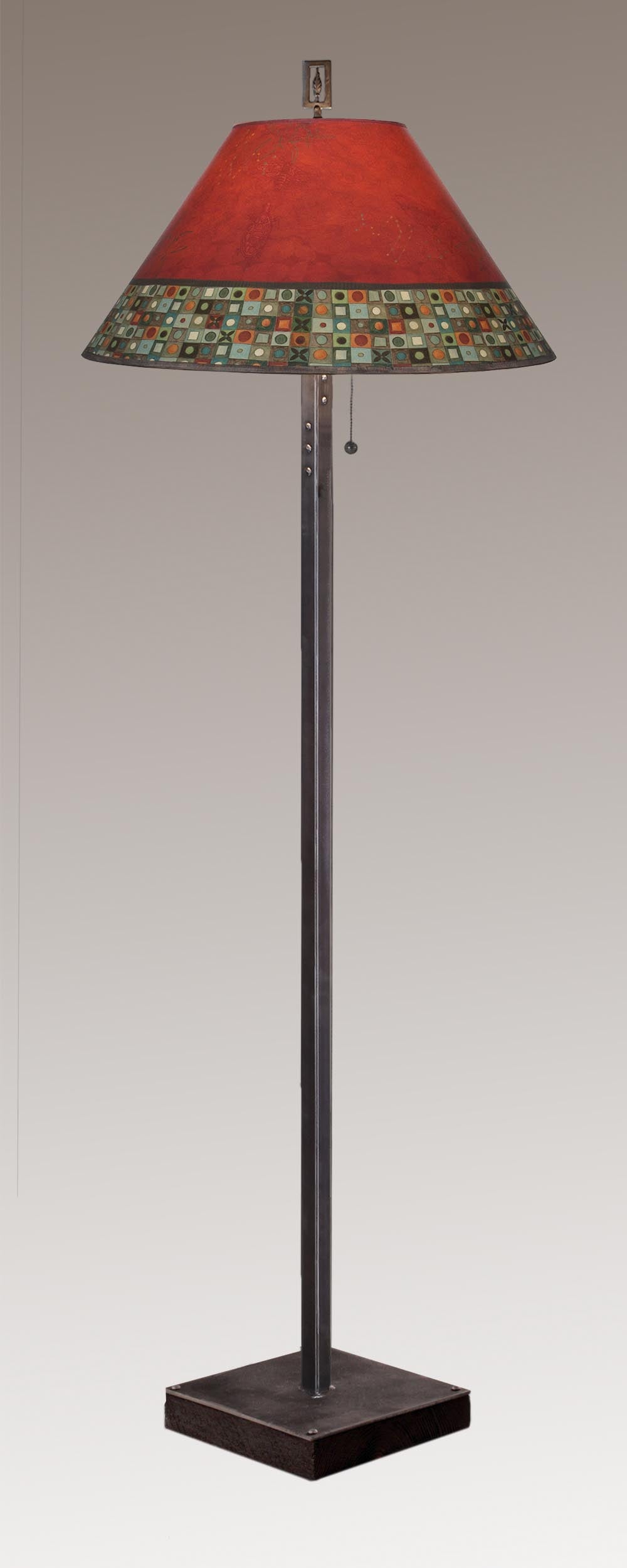 Janna Ugone & Co Floor Lamp Steel Floor Lamp on  Reclaimed Wood with Large Conical Shade in Red Mosaic