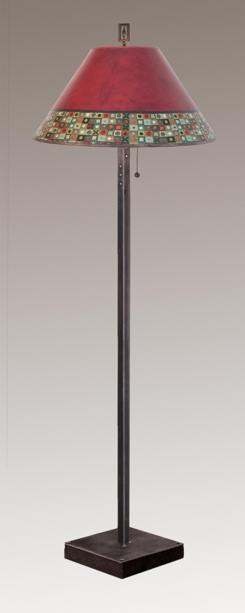 Janna Ugone & Co Floor Lamp Steel Floor Lamp on  Reclaimed Wood with Large Conical Shade in Red Mosaic