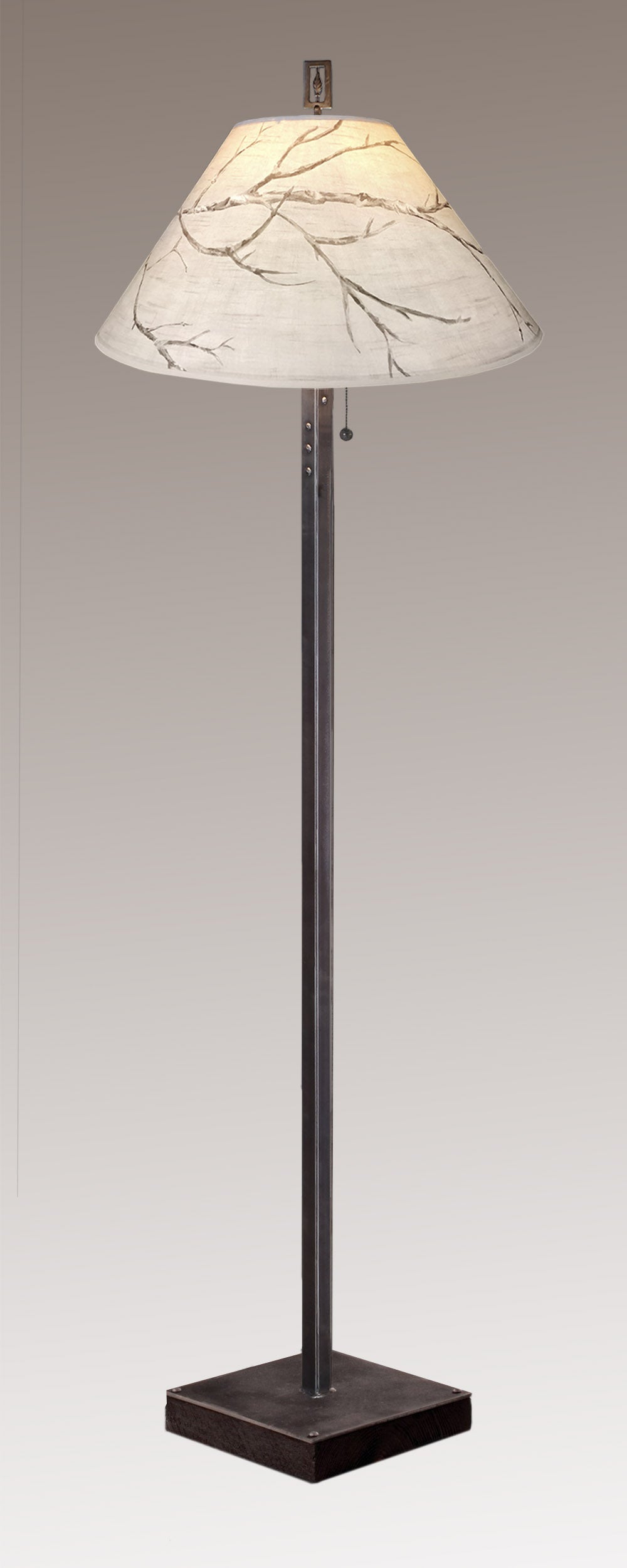 Janna Ugone & Co Floor Lamps Steel Floor Lamp on  Reclaimed Wood with Large Conical Shade in Sweeping Branch