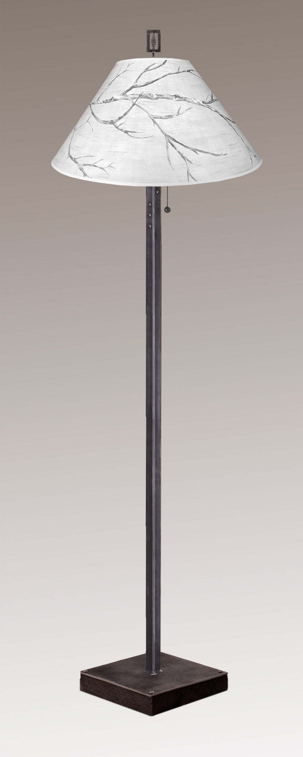 Janna Ugone &amp; Co Floor Lamps Steel Floor Lamp on  Reclaimed Wood with Large Conical Shade in Sweeping Branch