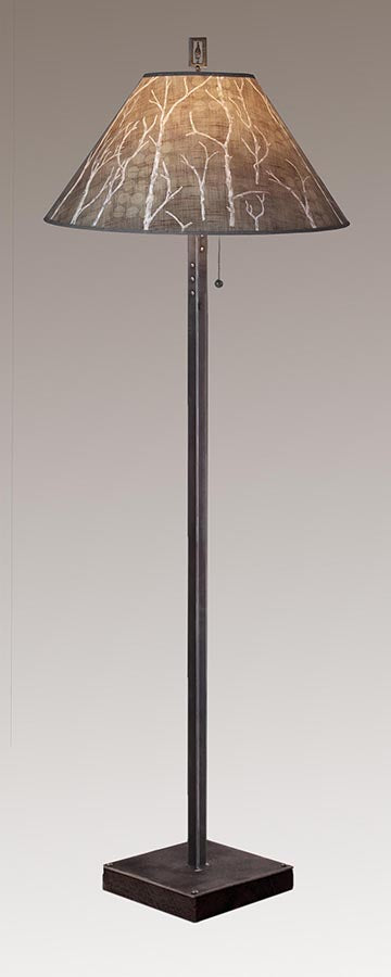 Janna Ugone & Co Floor Lamp Steel Floor Lamp on  Reclaimed Wood with Large Conical Shade in Twigs